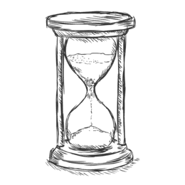 Skizze einer Sanduhr mit zwei Kammern und einer obersten Platte auf einem runden Sockel.